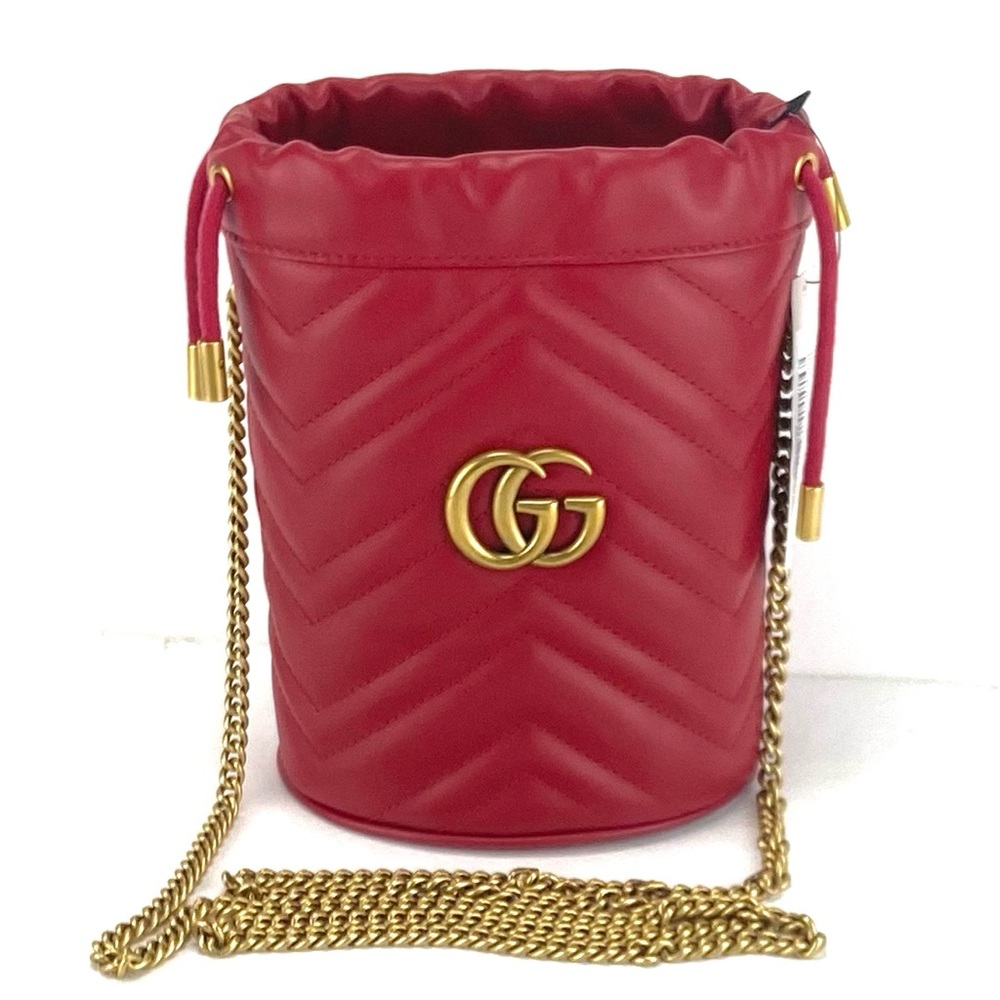 Gucci #575163 GG Marmont Red Hibiscus Leather Mini Chain Shoulder Bag with Box